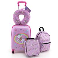 Set van 5 Koffers voor Kinderen Set Verrijdbare Koffers voor Kinderen met Rugzak Nekkussen Etiquette Lunchtas Stevige Bagage Roze Eenhoorn