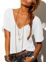 Casual Solid Color V Neck Short Sleeve Tee - thumbnail