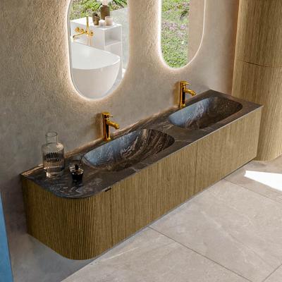 Badmeubel Mondiaz Kurve-Dlux | 175 cm cm | Meubelkleur Dusk | Wastafelkleur Lava | Solid surface | Dubbel / Rechts spoelbak | 2 kraangaten