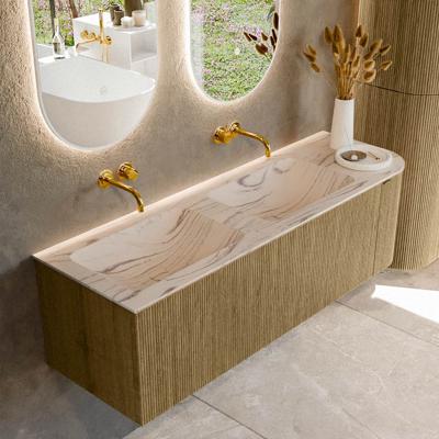 Badmeubel Mondiaz Kurve-Dlux | 145 cm | Meubelkleur Dusk | Wastafelkleur Nata | Solid surface | Dubbel / Links spoelbak | Zonder kraangat(en)