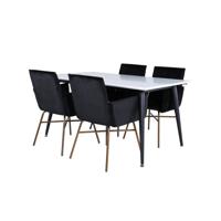 Jimmy150 eethoek eetkamertafel uitschuifbare tafel lengte cm 150 / 240 wit en 4 Pippi eetkamerstal velours zwart.