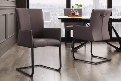 Moderne sledestoel SAMSON taupe grijs echt leer met armleuningen en metalen frame - 45175
