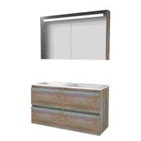 Basic-Line Premium 46 Badkamermeubelset - 120 x 46 cm - Greeploos - 4 Lades - Acryl Wastafel - 2 Kraangaten - Spiegelkast met LED Verlichting - Scotch Oak