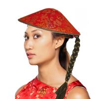 Aziatische/Chinese verkleed hoed - rood met vlecht - Carnaval hoeden