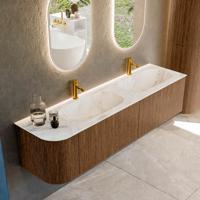 Mondiaz KURVE-DLUX 175 cm Onderkast Greeploos 2 Lades Met Deuren Walnut, Wastafel Solid Surface Rechts Frappe 2 Kraangaten Zonder Spiegel (KRVSTS175L2L1D2KD-Wal/Fra)