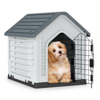 Kunststof Hondenhok Dierenverblijf met Afsluitbare Metalen Deur Ventilatiesleuven & Schuin Dak Grijs