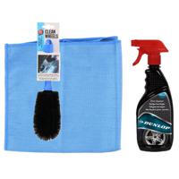 Dunlop auto velgen schoonmaken set - borstel/spray/doek - velgenreiniger pakket - blauw