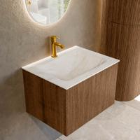 Badmeubel Mondiaz Kurve-Dlux | 60 cm | Meubelkleur Walnut | Wastafelkleur Ostra | Solid surface | Midden spoelbak | 1 kraangat