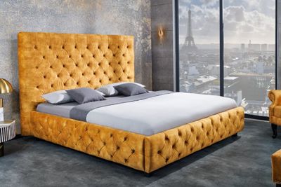 Kingsize tweepersoonsbed PARIS 180x200cm mosterdgeel fluweel Chesterfield design - 41641