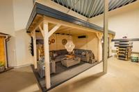 Blokhut Bosuil 300x300 cm + luifel 400 cm - antraciet en antiek wit gecoat - incl. EPDM en antraciet vlonder - excl. composiet balken Showmodel Amersfoort- Plat dak- Gecoat vurenhout- Woodvision