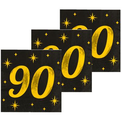 Verjaardag feest servetten - leeftijd 90 jaar - 48x stuks - zwart/goud - sterren - 33 x 33 cm
