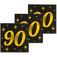 Verjaardag feest servetten - leeftijd 90 jaar - 48x stuks - zwart/goud - sterren - 33 x 33 cm
