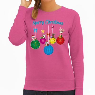 Kersttrui / sweater voor dames - kerstballen - roze - kerstdiertjes - Merry Christmas Kersttrui / sweater voor dames - kerstballen - roze - kerstdiertjes - Merry Christmas