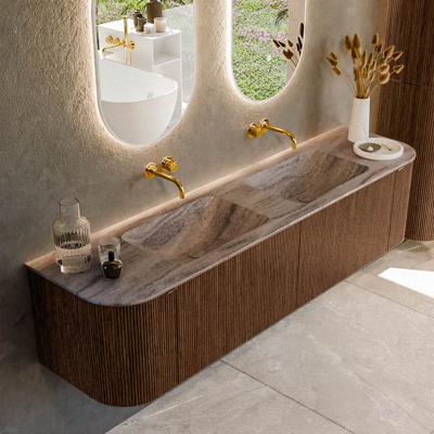 Badmeubel Mondiaz Kurve-Dlux | 180 cm | Meubelkleur Walnut | Wastafelkleur Oza | Solid surface | Wasbak beide zijden spoelbak | Zonder kraangat(en)