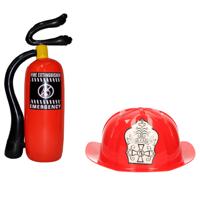 Brandweerman verkleed set - 2 delig - voor kinderen - helm - brandblusser 50 cm