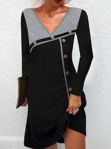 V Neck Color-Block Splicing Buttons Jersey Tunic Dress