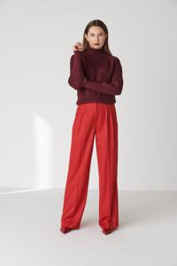 Floria Collective Dames Broek Biel in het Rood - Handgemaakte Pantalon van Merino Wol - Hoge taille Broek met Wijde Pijpen