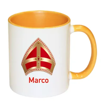 Sinterklaas mok mijter met naam (geel)