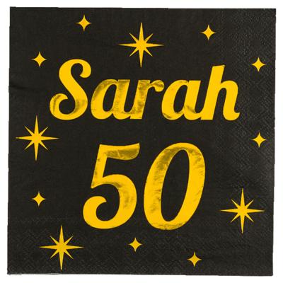 Verjaardag of Sarah feest servetten - leeftijd 50 jaar - 16x stuks - zwart/goud - 33 x 33 cm