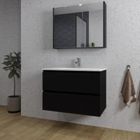 Saniclass Chaci Badkamermeubelset - 80x46x55cm - keramische wastafel wit - 1 wasbak - 1 kraangat - 2 lades - spiegelkast - mat zwart SW1212768/SW1212816/SW812071/SW804531