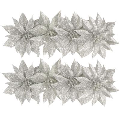 Kerstboomversiering Bloemen - 8x stuks - 9 cm - zilver glitter - op clip