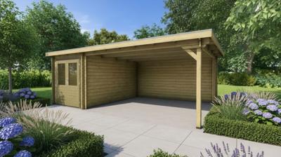 Classicline Blokhut Utrecht vuren groen geïmpregneerd 200x300 cm + overkapping 400 cm- Lessenaarsdak- - Van Kooten Classicline Blokhut Utrecht vuren groen geïmpregneerd 200x300 cm + overkapping 400 cm- Lessenaarsdak- - Van Kooten