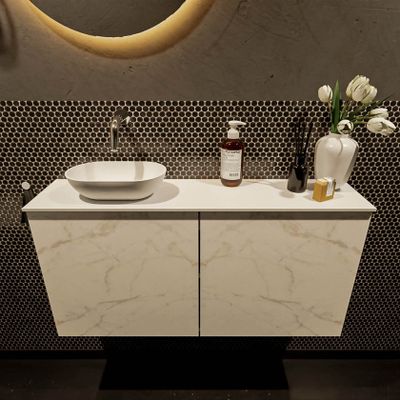 Mondiaz Fowy toiletmeubel 100cm Carrara met blad en waskom talc links zonder kraangat