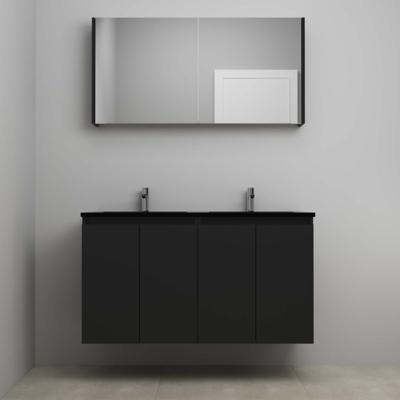 On-Line Badkamermeubelset - 120 cm - Bouwpakket - Greeploze Ladestructuur - Acryl Wastafel - 2 Kraangaten - Spiegelkast - Mat Zwart - V02
