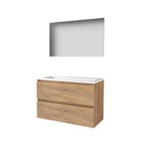 Basic-Line Basic 46 Badkamermeubelset - 100 x 46 cm - Greeploos - 2 Lades - Acryl Wastafel - 2 Kraangaten - Spiegel - Whisky Oak
