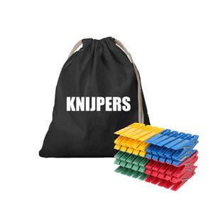 Canvas knijperzak/ opbergzakje knijpers zwart met koord 25 x 30 cm en 100 plastic wasknijpers