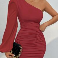 Petite White One Shoulder Lantern Sleeve Ruched Bodycon Dress Red / Petite XXS