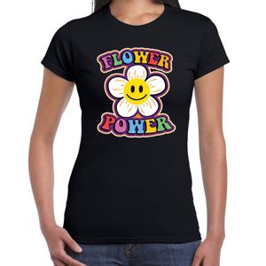 Jaren 60 Flower Power verkleed shirt zwart met emoticon bloem dames