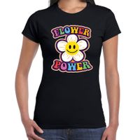 Jaren 60 Flower Power verkleed shirt zwart met emoticon bloem dames