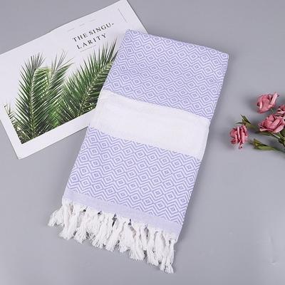 Gestreepte katoenen badhanddoek met kwastjes dunne reizen camping Bad sauna strand Gym zwembad deken absorberend Easy Care (licht paars)