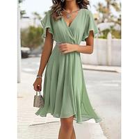 Dames Bruidsmeisjesjurk Halflange jurk Chiffon Gespleten dij Bruiloft gast Cocktailparty Elegant V-hals Korte mouw Volant mouw Blozend Roze blauw Groen Kleur Lightinthebox