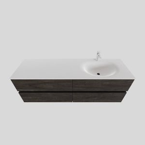 Badkamermeubel Solid Surface BWS Stockholm 150x46 cm Rechts Wood Dark Brown 4 Laden (met 1 kraangat)