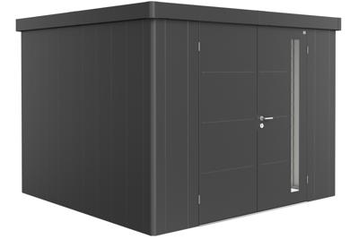 Biohort Metalen tuinhuis Neo - Dubbele deur - Donkergrijs - 3C (292x292 cm)- Plat dak- Metaal- Biohort