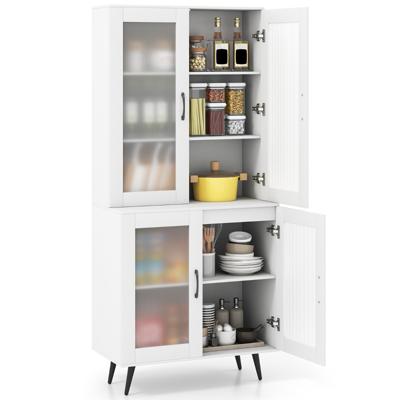 Hoge Keukenkast met 4 Doorzichtige Deuren & Verstelbare Plank Keukenkast Buffetkast Wit