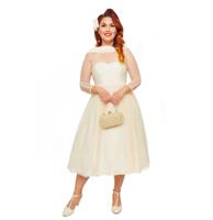 Unique Vintage Chiffon Boat Neck Wedding Dress Vanilla Ivory-XL