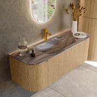 Badmeubel Mondiaz Kurve-Dlux | 130 cm | Meubelkleur Oak | Wastafelkleur Sombra | Solid surface | Wasbak midden spoelbak | 1 kraangat
