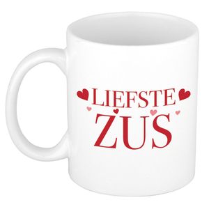 Liefste zus cadeau mok / beker wit met rode hartjes - verjaardag / bedankt kado