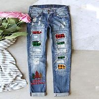 Dames Jeans Verontruste spijkerbroek Denim blauw Modieus Kerstmis zakkerig Gescheurde Kerstmis Straat Casual Volledige lengte Micro-elastisch Ruitjes Comfort S - thumbnail