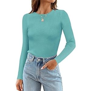 Dames Trui Strakke ronde hals Geribd breien Polyester Gebreid Herfst Winter Normaal Buiten Dagelijks Uitgaan Stijlvol Casual Zacht Lange mouw Effen Kleur Wit Blozend Roze Marineblauw S M L miniinthebox