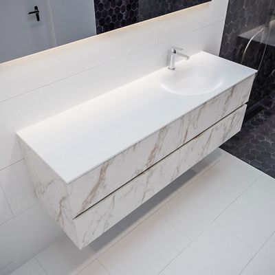 Mondiaz Vica Moon badmeubel wit carrara mat 150 cm 4 lades solid surface enkele spoelbak rechts 1 kraangat