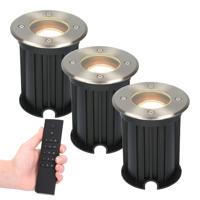 Set van 3 dimbare LED grondspot Maisy - rond - RVS - 4 Watt 345 lumen - 2700K warm wit - IP65 Waterdicht - Incl. dimmer met afstandsbediening Set van 3 dimbare LED grondspot Maisy - rond - RVS - 4 Watt 345 lumen - 2700K warm wit - IP65 Waterdicht - Incl. dimmer met afstandsbediening