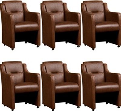 Set van 6 Bruine leren landelijke eetkamerfauteuils Mass - Vintage Leer Brown (bruin leer)