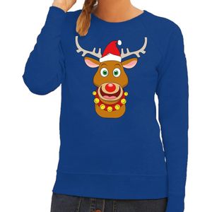 Foute kersttrui blauw met Ruldolf het rendier met rode muts voor dames 2XL (44)  -