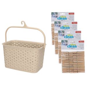 Wasknijpers ophangmandje met haak - beige - en 96x houten wasknijpers van 7 cm