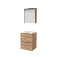 Basic-Line Comfort 46 Badkamermeubelset - 50 x 46 cm - Greeploos - 2 Lades - Acryl Wastafel - Zonder Kraangat - Spiegelkast - Whisky Oak