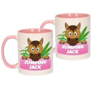 2x stuks kinder paarden mok / beker Jumping Jack roze / wit 300 ml